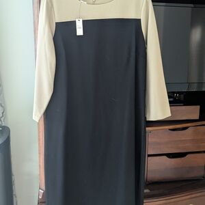 Talbots Cream and Gray Sheath Dress Long Sleeve Crew Neck